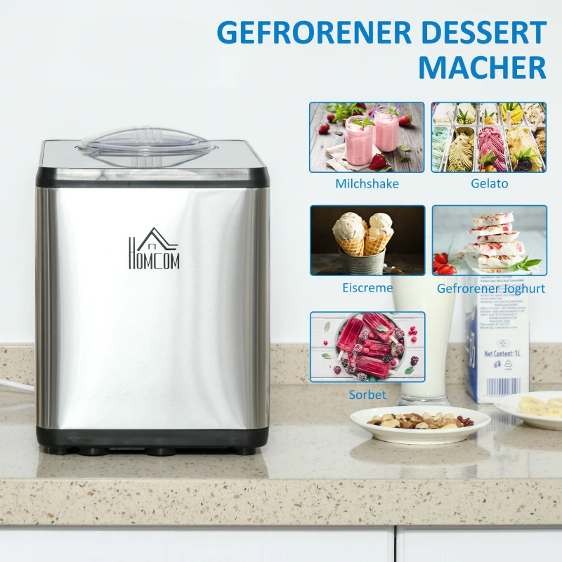 HOMCOM ijsmachine 1,5 L, zilver, zwart, 38,4 x 24 x 32 cm