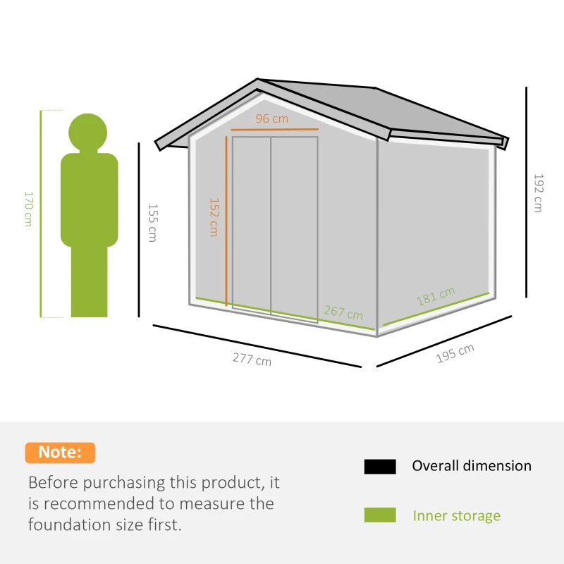 Outsunny Magazie de gradina 277 x 195 x 192cm cu usi glisante duble, 4 orificii de aerisire, din otel durabil, verde(m-3)