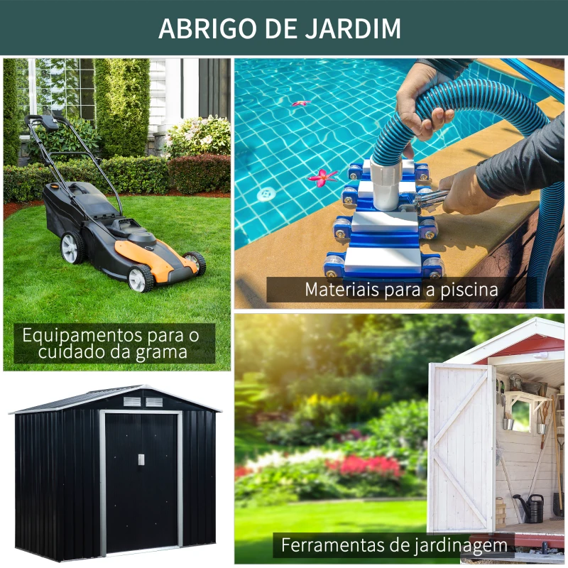 Outsunny Abrigo de Jardim 213x130x185cm Abrigo de Jardim Metálico de Exterior com 2 Portas Deslizantes e 4 Janelas Cinza Escuro