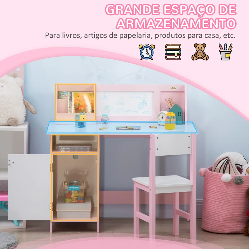 HOMCOM Conjunto de Mesa e Cadeira Infantil de Madeira com Quadro Branco Mesa de Estudo para Crianças acima de 5 Anos 90x45x85cm Rosa