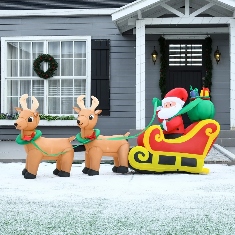 HOMCOM Pai Natal com Trenó e Renas Infláveis com Luzes LED Decoração de Natal para Exterior Ar Livre com Inflador 240x57x112cm Multicor
