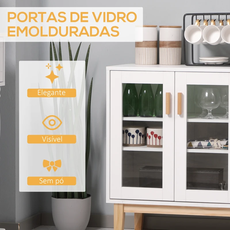 HOMCOM Aparador de Cozinha com 3 Portas de Vidro e Suporte em Forma de X para 4 Garrafas Móvel Buffet Auxiliar 90x37x75cm Branco