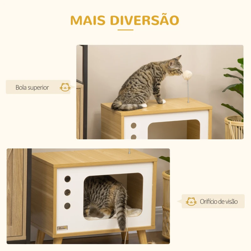 PawHut Mesa Auxiliar Casa para Gatos Estilo Televisor com Almofada Suave Lavável Bola e Pés Elevados 50x28x43cm Carvalho