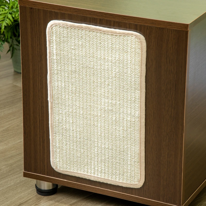PawHut Mueble Arenero para Gatos Mesa Auxiliar con Cojín Poste Rascador Y Alfombra Lateral de Sisal 60x40x48 cm Nogal