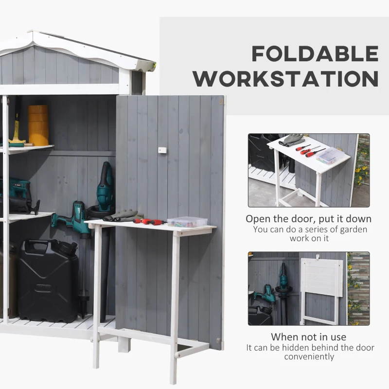 Magazie de Gradina Outsunny cu 2 Etajere, Masuta Pliabila si Jardiniera Laterala, din Lemn de Brad cu Acoperis din Bitum, 132x50x184cm, Gri