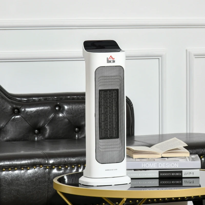 HOMCOM Aquecedor Cerâmico 1000W/2000W com Controle Remoto Tela LED 3 Modos de Vento Temporizador de 8H Termostato e Oscilação 42° para 25m² 17,6x13,7x50cm Branco