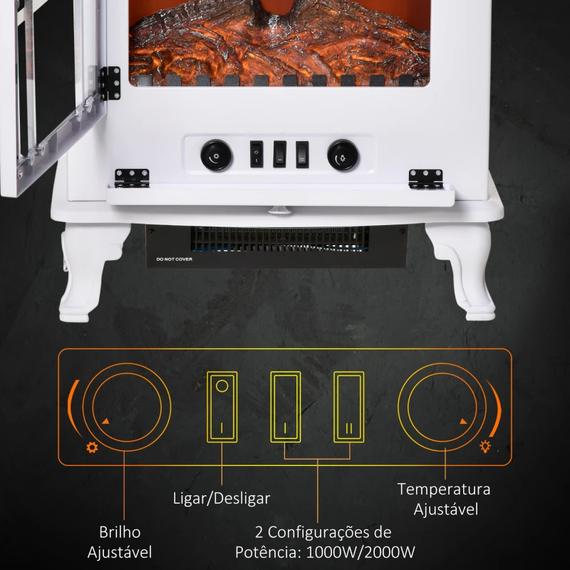 HOMCOM Lareira Elétrica Portátil 1000/2000W com Chama LED Brilho Regulável Termostato Ajustável e Proteção de Superaquecimento para Salas de até 25m² 51x28x60cm Branco