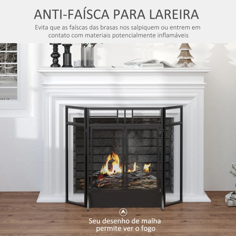 HOMCOM Frente de Lareira Dobrável Frente para  Lareira com 3 Painéis com Porta Dupla e Pés Adicionais Estrutura de Metal 120x11,5x79cm Preto