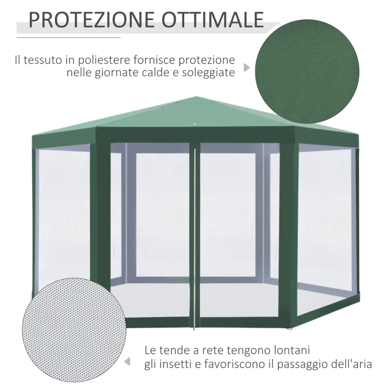 Outsunny Gazebo 4x4 m da Giardino Esagonale con Pareti in Rete, 2 Porte e Gambe Regolabili, Gazebo in Metallo e Poliestere con Picchetti e Funi, Verde