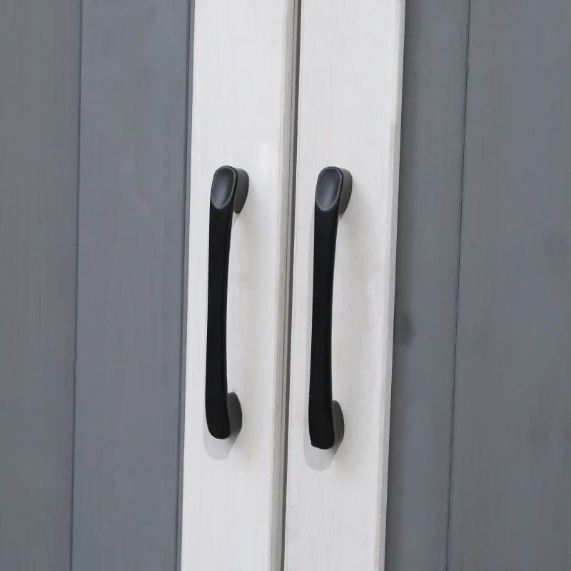 Magazie de Gradina Outsunny cu 2 Etajere, Masuta Pliabila si Jardiniera Laterala, din Lemn de Brad cu Acoperis din Bitum, 132x50x184cm, Gri