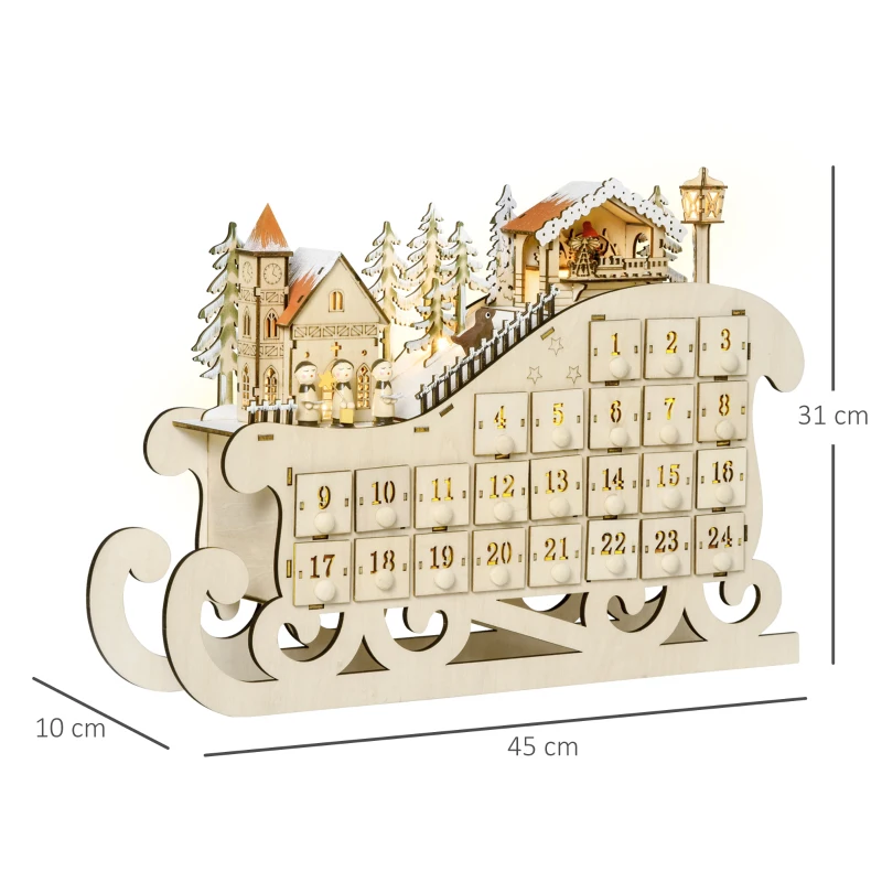 HOMCOM Calendario dell'Avvento in Legno a Forma di Slitta con 24 Cassetti da Riempire, Decorazioni e Luci a LED, 45x10x31cm