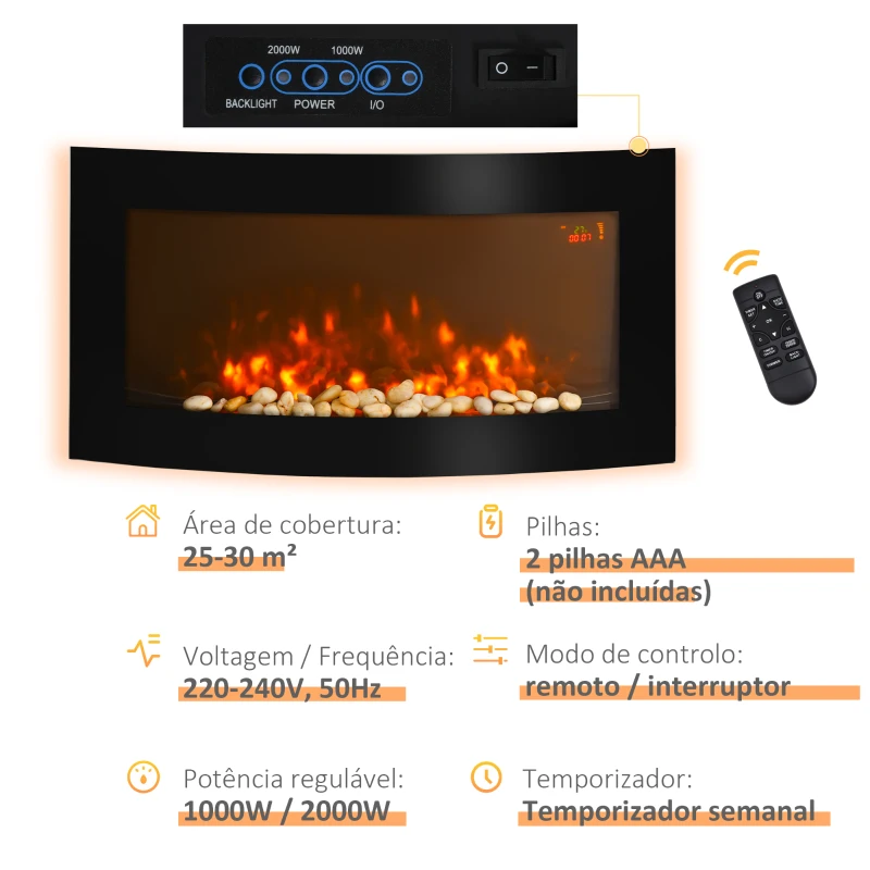 HOMCOM Lareira Elétrica de Parede com Efeito de Chama Realista Luzes LED e Potência Ajustável 1000W/2000W 89,2x13,5x48cm Preto