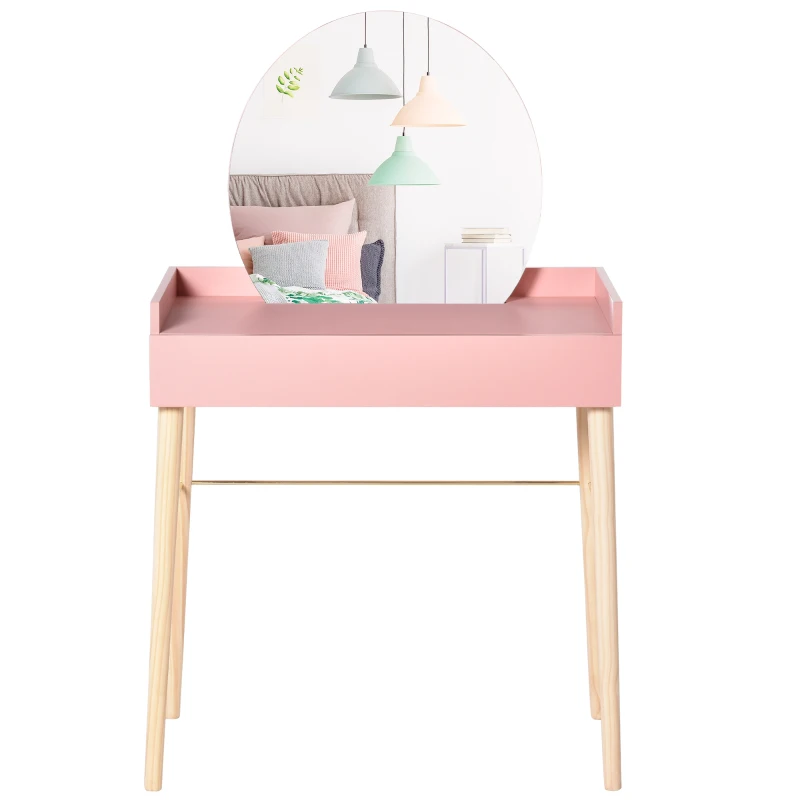 HOMCOM Schminktisch für Schlafzimmer Frisiertisch Kosmetiktisch mit Spiegel Schublade leichter Luxusstil MDF Kiefernholz Rosa 76 x 48 x 123,5 cm