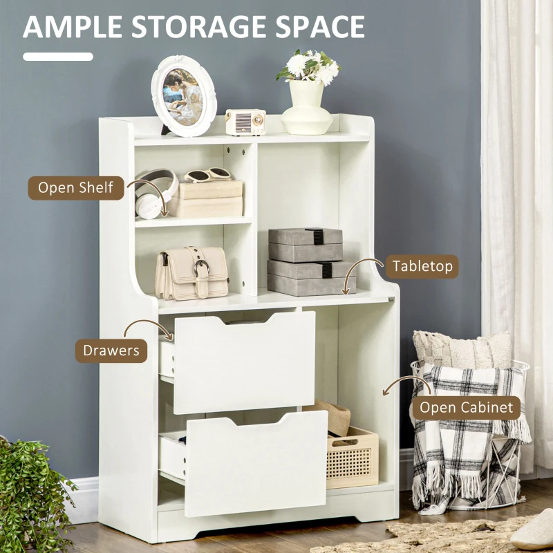 HOMCOM Mobile Dispensa in MDF con 2 Cassetti e Ripiani Aperti per Soggiorno, Ingresso e Cucina, 73x35x110 cm, Bianco