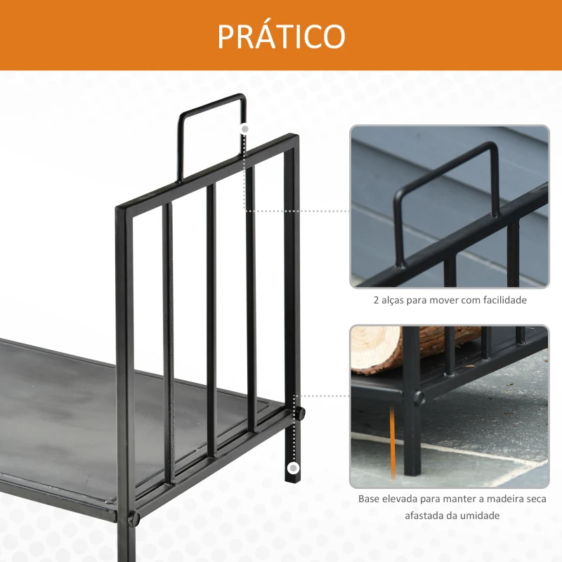 Outsunny Prateleira de lenha para lareira tradicional Armazenamento de madeira com alças 44,5x33x46,5 cm Preto