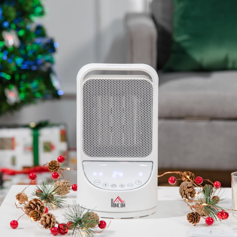 HOMCOM Aquecedor Cerâmico Portátil 2 Níveis de Potência 750W/1500W com Controle Remoto Temporizador de 12h 3 Modos de Aquecimento e Oscilação de 45° Silenciosa Ø15x28cm Branco