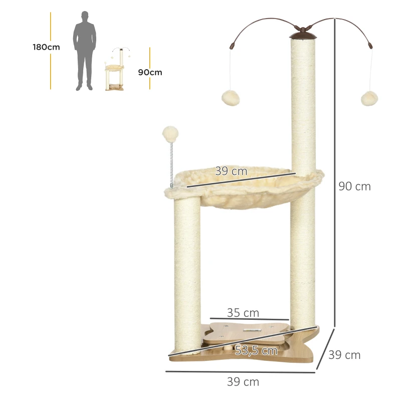 PawHut Árvore Arranhador para Gatos com Rede Postes de Sisal com Bolas Suspensas Giratórias e Múltiplos Jogos 53,5x53,5x90cm Bege