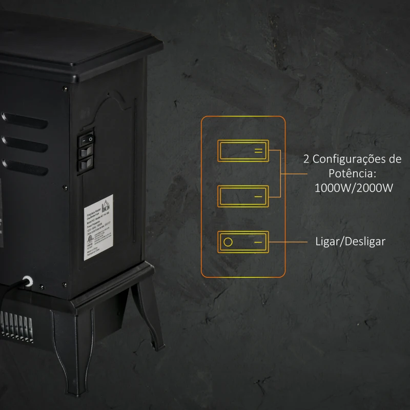 HOMCOM Lareira Elétrica Portátil 1000/2000W com Simulação de Chama Termostato Ajustável e Proteção de Superaquecimento para Salas de até 25m² 36,5x24x41,5cm Preto