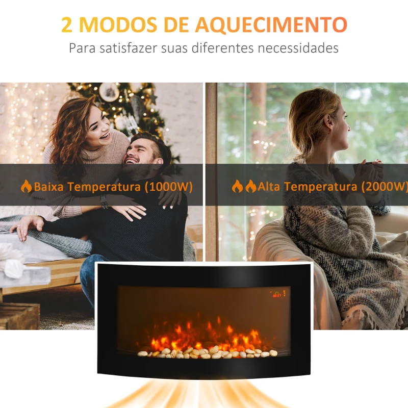 HOMCOM Lareira Elétrica de Parede com Efeito de Chama Realista Luzes LED e Potência Ajustável 1000W/2000W 89,2x13,5x48cm Preto