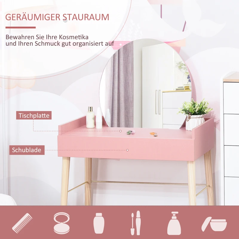 HOMCOM Schminktisch für Schlafzimmer Frisiertisch Kosmetiktisch mit Spiegel Schublade leichter Luxusstil MDF Kiefernholz Rosa 76 x 48 x 123,5 cm