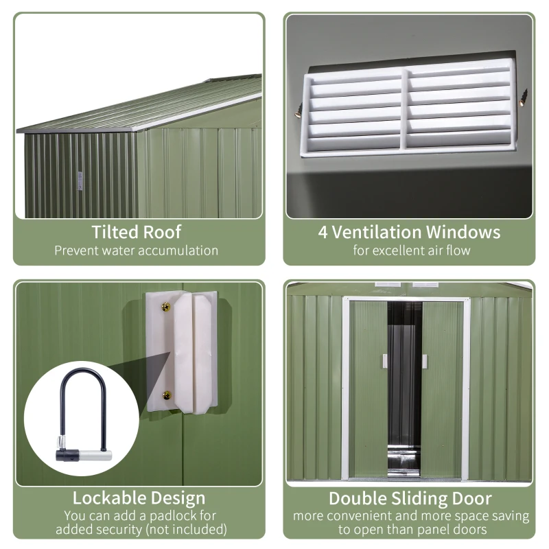Outsunny Magazie de gradina 277 x 195 x 192cm cu usi glisante duble, 4 orificii de aerisire, din otel durabil, verde(m-5)