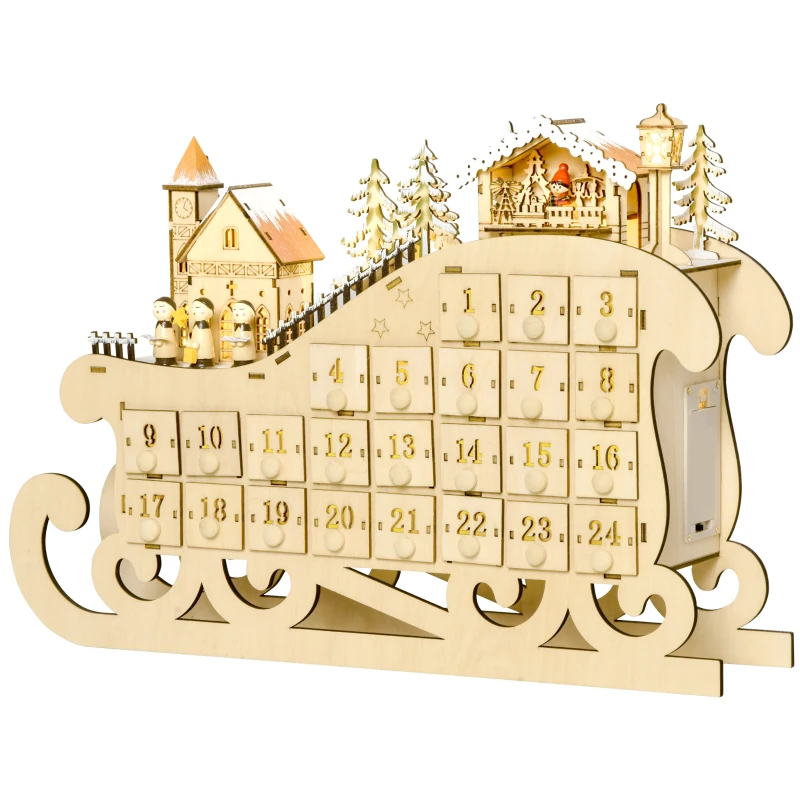 HOMCOM Calendário de Advento de Natal com Luzes LED e 24 Gavetas Decoração de Natal Modelo de Trenó 45x10x31cm Madeira Natural
