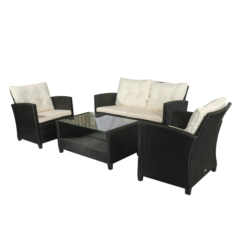 Outsunny Set Mobili da Giardino 4 Pezzi in Rattan PE e Tavolino, Divano e Poltrone Imbottiti Nero e Beige 124x68x76cm