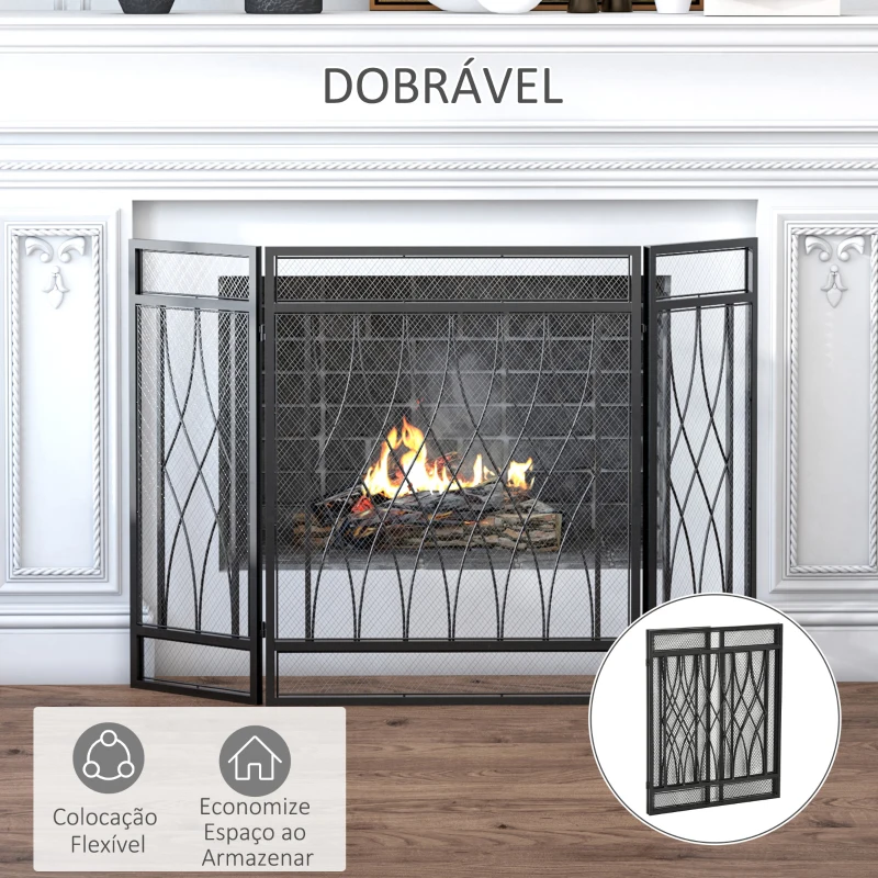 HOMCOM Frente de Lareira Dobrável Frente para Lareira com 3 Painéis com Dobradiças e Estrutura de Metal Decorativa 126x3x80cm Preto