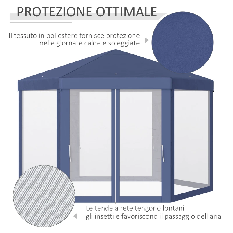 Outsunny Gazebo Esagonale Moderno e Versatile da Giardino in Tessuto e Metallo 2x2m Blu Bianco