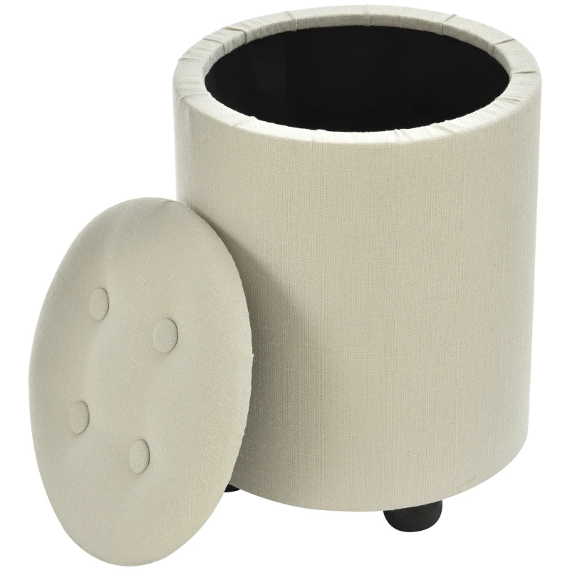 HOMCOM Sitzhocker mit Stauraum, Fußhocker, Polsterhocker, Aufbewahrungsbox, Deckel Abnehmbar, Leinen, Cremeweiß, Ø30 x 40H cm