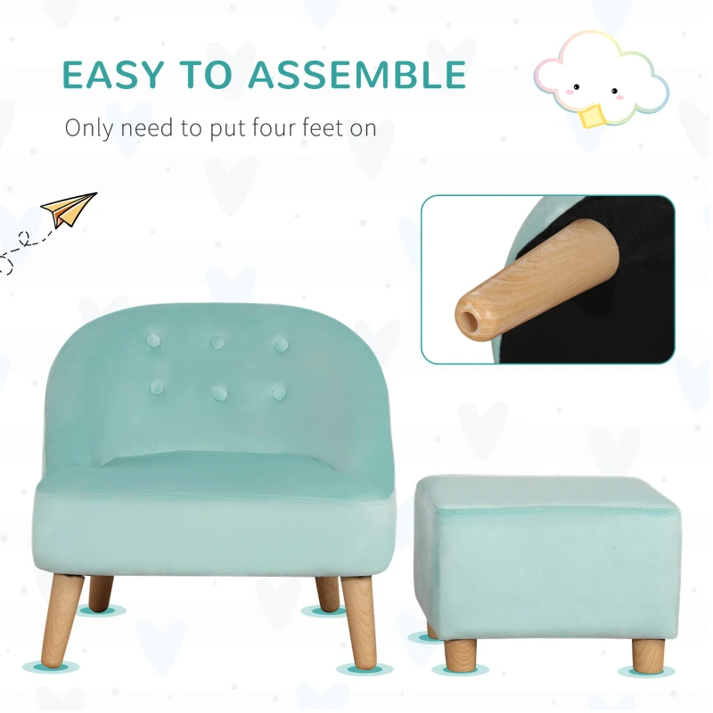 HOMCOM Toddler Chair, 2pcs Kids Sofa Set, Sofa & Ottoman for Bedroom, 3-5 years old, Blue