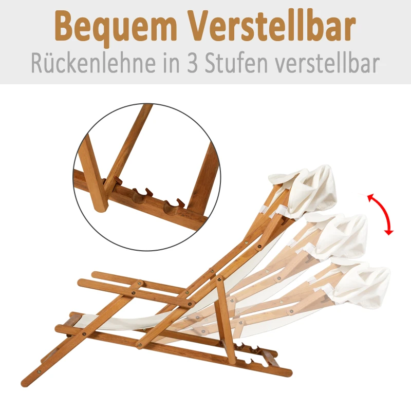 Outsunny Sonnenliege Gartenliege Relaxliege verstellbar Liegestuhl Relaxsessel Gartenmöbel mit Sonnendach Hocker Akazie + Polyester Natur+Weiß 126 x 70 x 94cm