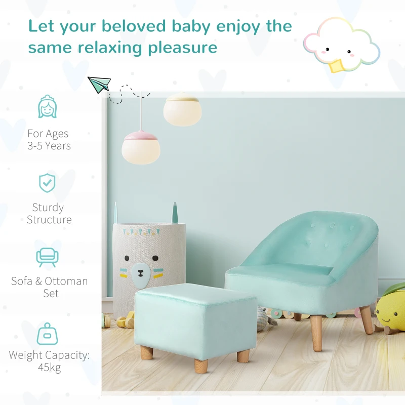 HOMCOM Toddler Chair, 2pcs Kids Sofa Set, Sofa & Ottoman for Bedroom, 3-5 years old, Blue