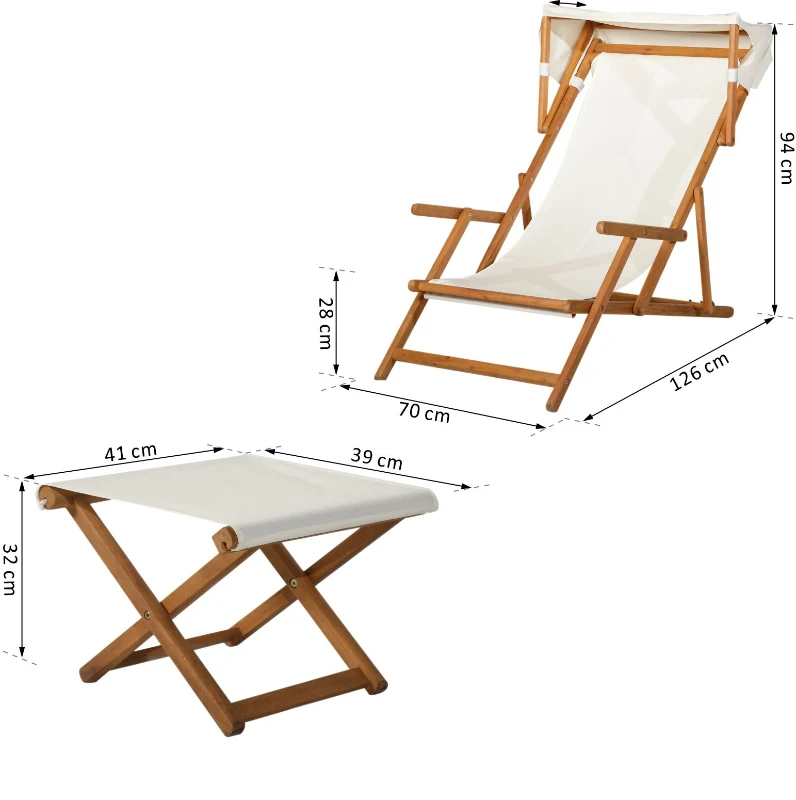 Outsunny Sonnenliege Gartenliege Relaxliege verstellbar Liegestuhl Relaxsessel Gartenmöbel mit Sonnendach Hocker Akazie + Polyester Natur+Weiß 126 x 70 x 94cm