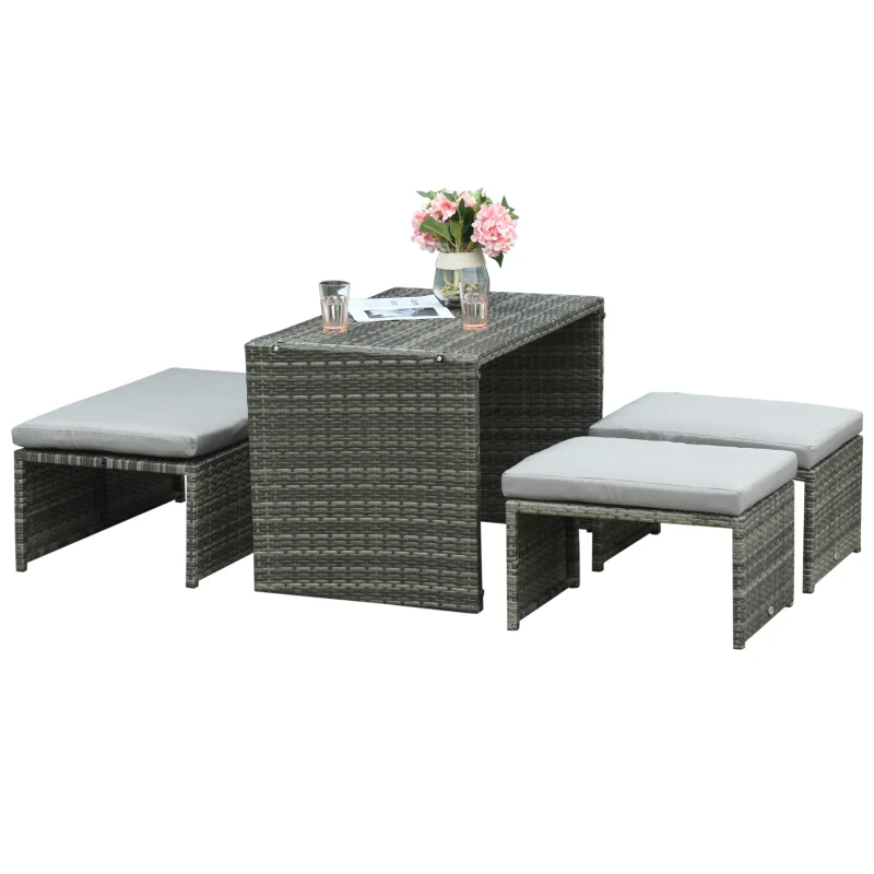 Outsunny 3-in-1 Rattan Lounge Set Doppelsofa Gartentisch mit 2 Hocker Liegesessel Loungegruppe multifunktion kombinierbar Stahl Grau