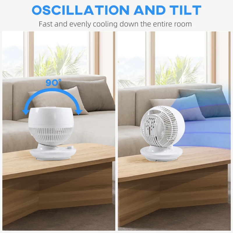 HOMCOM Ventilator pentru flux de aer cu 3 viteze, oscilare la 70° inclinare la 90°, ventilator personal de pus pe masa pentru camera de zi, dormitor, birou, negru si alb