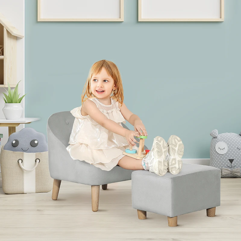 HOMCOM Toddler Chair, 2pcs Kids Sofa Set, Sofa & Ottoman for Bedroom, 3-5 years old, Grey