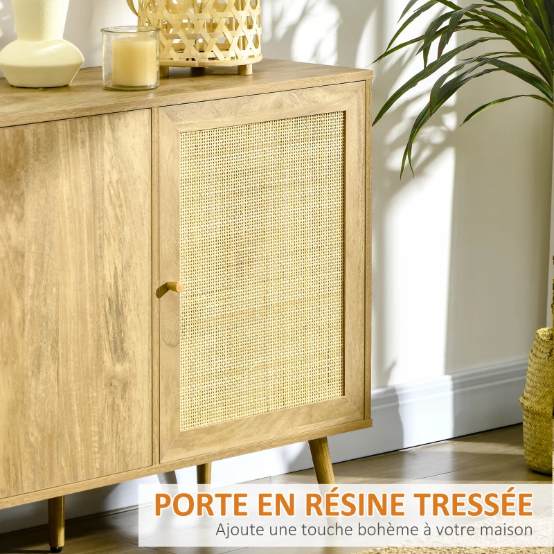 HOMCOM Buffet de rangement placard de cuisine commode 3 portes avec étagères porte cannage style bohème - 150 x 39,5 x 79 cm