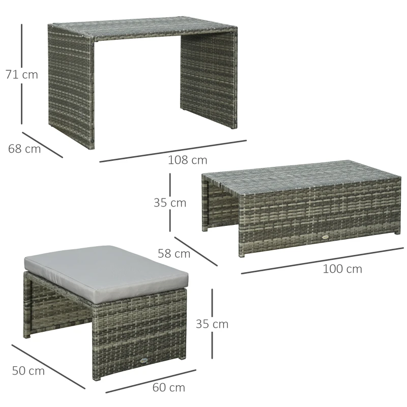 Outsunny 3-in-1 Rattan Lounge Set Doppelsofa Gartentisch mit 2 Hocker Liegesessel Loungegruppe multifunktion kombinierbar Stahl Grau
