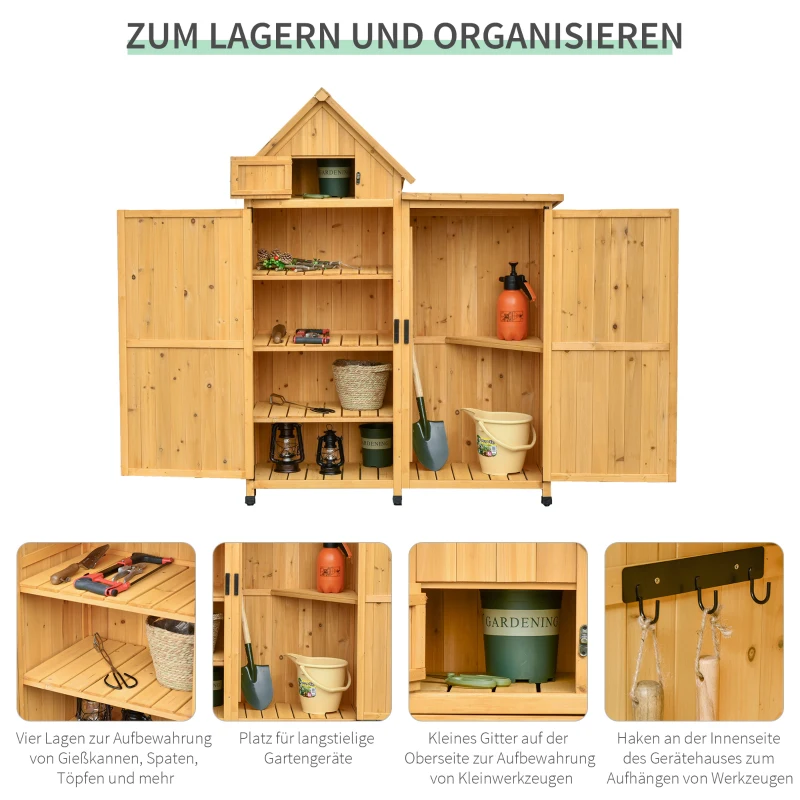 Outsunny Gartenschrank Holz Gartenhaus Gerätehaus Gartenschuppen Doppeltür-Design für den Außenbereich wetterfest 138 x 54,5 x 175 cm Gelb
