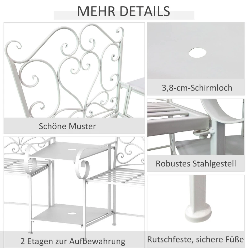 Outsunny Gartenstühle mit Teetisch Balkonstuhl Sitzgruppe 2 Stühle Set Klappbar Metallrahmen 160 x 61 x 96 cm Weiß