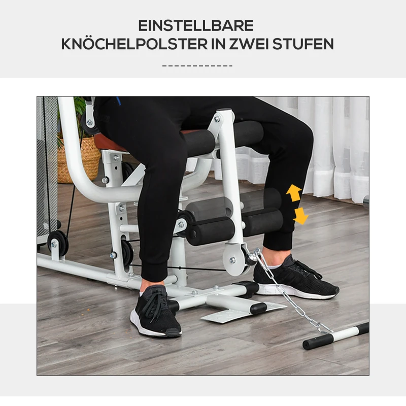 HOMCOM Gym Kraftstation Fitnessstation Multigym Fitnesscenter Fitnessgerät inkl. Gewichten Latzug Beincurl  Metall PU-Kunstleder Weiß 150 x 110 x 210 cm