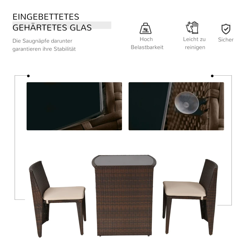 Outsunny 3-tlg. Gartensitzgruppe mit Beistelltisch Rattan Gartenset Polyrattan Metall Braun 66,5 x 51 x 72,5 cm