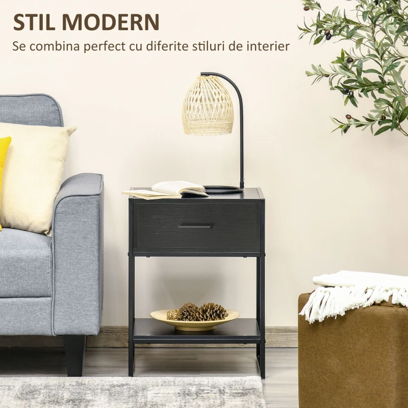 Noptiera moderna HOMCOM, dulap de noptiera cu raft cu sertar, dulap de depozitare pentru dormitor, sufragerie, negru
