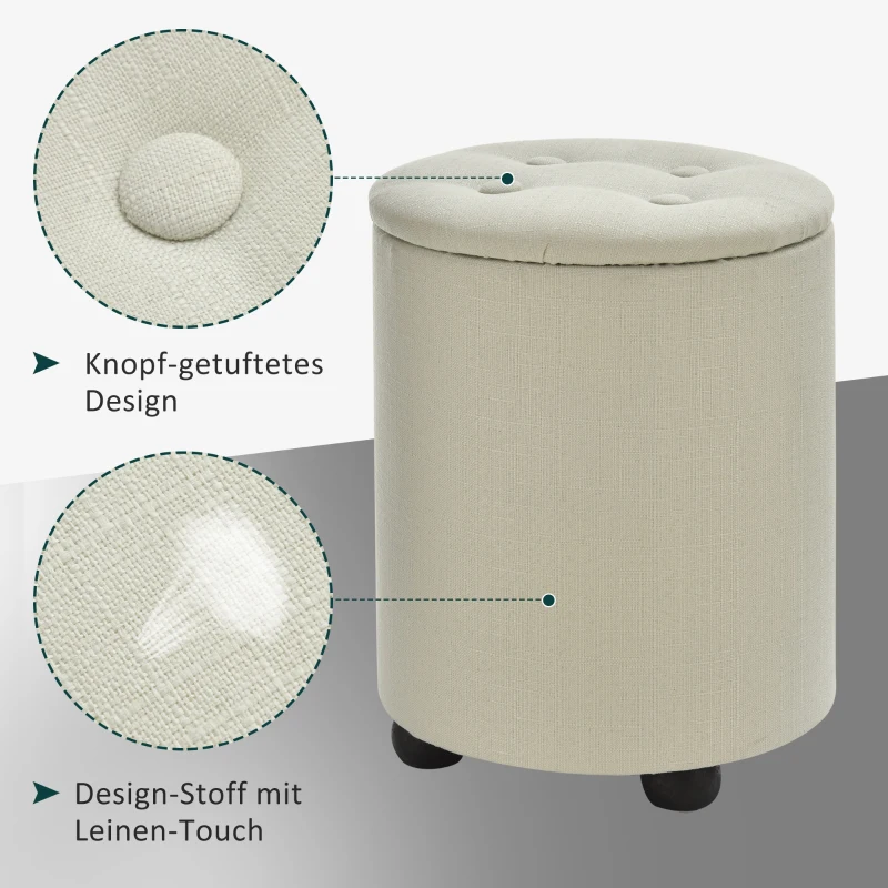 HOMCOM Sitzhocker mit Stauraum, Fußhocker, Polsterhocker, Aufbewahrungsbox, Deckel Abnehmbar, Leinen, Cremeweiß, Ø30 x 40H cm