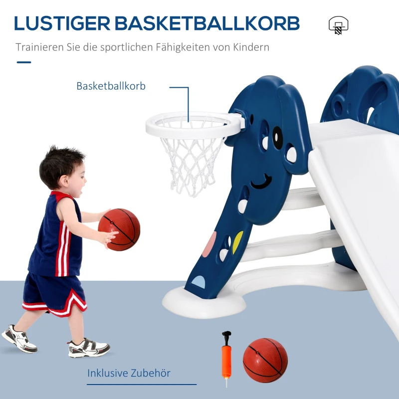 HOMCOM Kinderrutsche Baby Rutsche mit Sicherheitsdreieck-Design Indoor oder Outdoor strukturierten Stufen und seitlichem Basketballkorb Blau+Weiß 146 x 68 x 68 cm