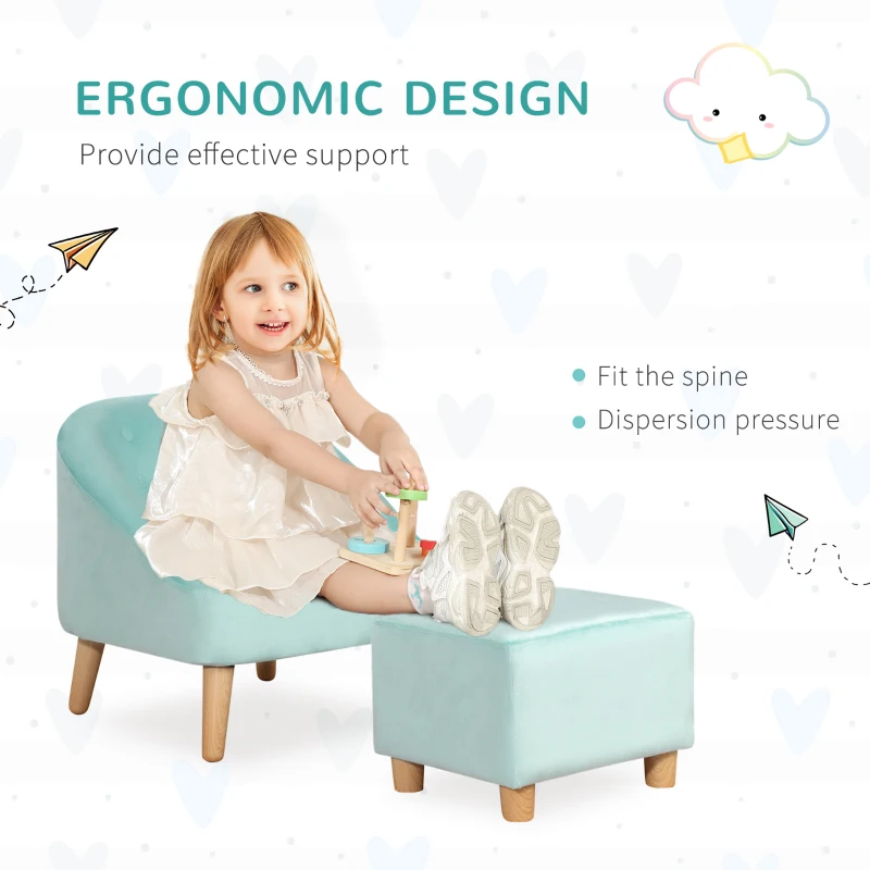 HOMCOM Toddler Chair, 2pcs Kids Sofa Set, Sofa & Ottoman for Bedroom, 3-5 years old, Blue