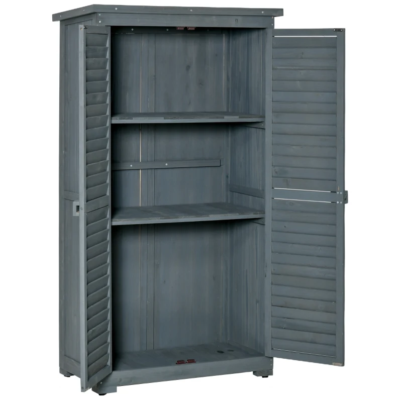Outsunny Gartenschrank Holz Gerätehaus Geräteschuppen Geräteschrank Holzhütte Pultdach Bitumenpappe Lamellentüren Grau 87 x 46,5 x 160 cm
