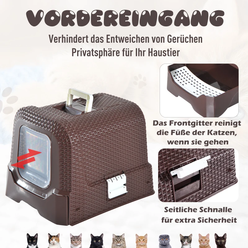 PawHut Katzentoilette mit ausziehbarer Schale, Katzenklo mit Schaufel, Tragbar, PP, Kaffee, 54 x 42 x 41 cm