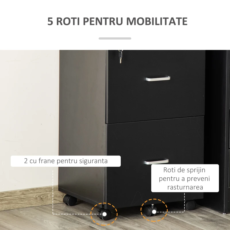 Vinsetto Dulap mobil arhiva cu 2 sertare, cu blocare, dulap de birou din lemn cu roti de blocare pentru A4, Letter, negru